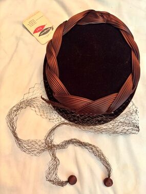 1950s Brown Velvet Satin & Feather Veil Juliet Hat Original Tag NWT Kerrybrooke